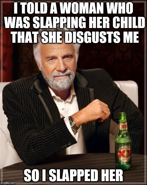 The Most Interesting Man In The World | I TOLD A WOMAN WHO WAS SLAPPING HER CHILD THAT SHE DISGUSTS ME; SO I SLAPPED HER | image tagged in memes,the most interesting man in the world | made w/ Imgflip meme maker