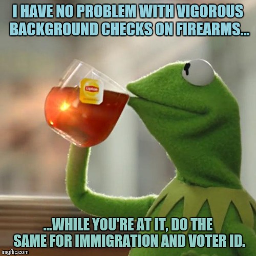 But That's None Of My Business Meme | I HAVE NO PROBLEM WITH VIGOROUS BACKGROUND CHECKS ON FIREARMS... ...WHILE YOU'RE AT IT, DO THE SAME FOR IMMIGRATION AND VOTER ID. | image tagged in memes,but thats none of my business,kermit the frog | made w/ Imgflip meme maker