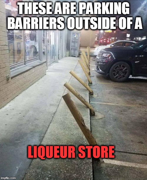 Drunk ppl | THESE ARE PARKING BARRIERS OUTSIDE OF A; LIQUEUR STORE | image tagged in drunks,you're drunk | made w/ Imgflip meme maker