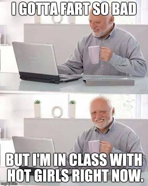 Hold the fart Harold. | I GOTTA FART SO BAD; BUT I'M IN CLASS WITH HOT GIRLS RIGHT NOW. | image tagged in memes,hide the pain harold | made w/ Imgflip meme maker