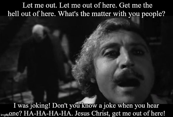 Let me out. Let me out of here. Get me the hell out of here. What's the matter with you people? I was joking! Don't you know a joke when you hear one? HA-HA-HA-HA. Jesus Christ, get me out of here! | image tagged in gene wilder young frankenstein let me out of here | made w/ Imgflip meme maker