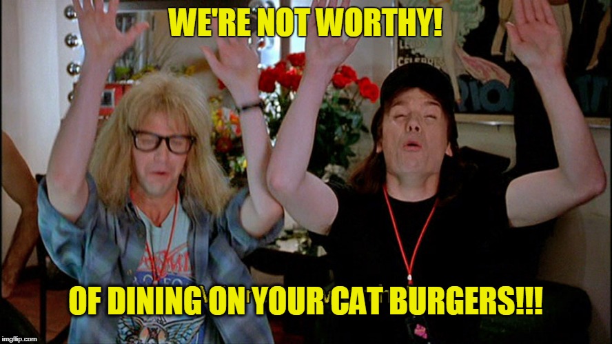 WE'RE NOT WORTHY! OF DINING ON YOUR CAT BURGERS!!! | made w/ Imgflip meme maker