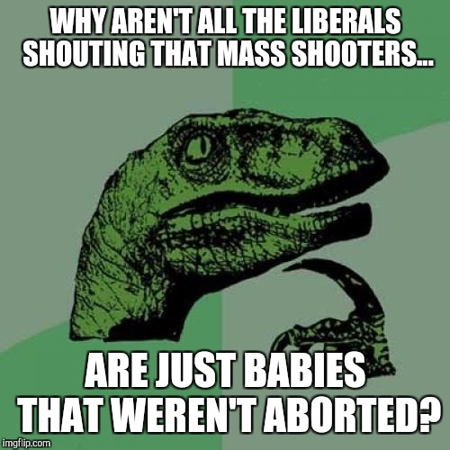 Philosoraptor Meme | WHY AREN'T ALL THE LIBERALS SHOUTING THAT MASS SHOOTERS... ARE JUST BABIES THAT WEREN'T ABORTED? | image tagged in memes,philosoraptor | made w/ Imgflip meme maker