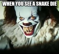 pennywise toothy grin | WHEN YOU SEE A SNAKE DIE | image tagged in pennywise toothy grin | made w/ Imgflip meme maker
