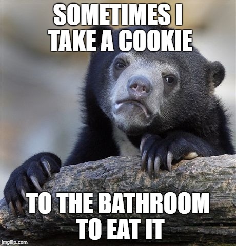 Confession Bear | SOMETIMES I TAKE A COOKIE; TO THE BATHROOM TO EAT IT | image tagged in memes,confession bear | made w/ Imgflip meme maker