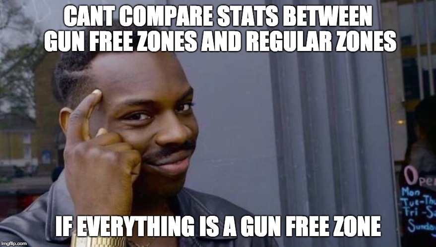 Roll Safe Think About It Meme | CANT COMPARE STATS BETWEEN GUN FREE ZONES AND REGULAR ZONES; IF EVERYTHING IS A GUN FREE ZONE | image tagged in black smart guy | made w/ Imgflip meme maker