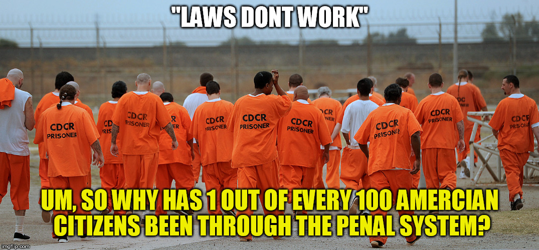 I guess they volunteered for prison? | "LAWS DONT WORK"; UM, SO WHY HAS 1 OUT OF EVERY 100 AMERCIAN CITIZENS BEEN THROUGH THE PENAL SYSTEM? | image tagged in guns,shooting,florida,nra | made w/ Imgflip meme maker