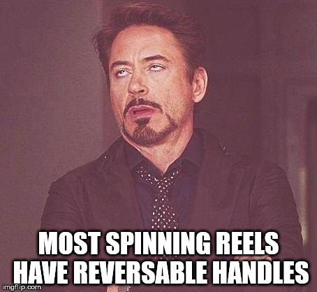 Fishing | MOST SPINNING REELS HAVE REVERSABLE HANDLES | image tagged in fishing | made w/ Imgflip meme maker