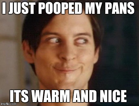 Spiderman Peter Parker Meme | I JUST POOPED MY PANS; ITS WARM AND NICE | image tagged in memes,spiderman peter parker | made w/ Imgflip meme maker