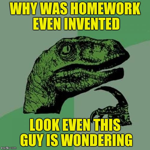 Philosoraptor Meme | WHY WAS HOMEWORK EVEN INVENTED; LOOK EVEN THIS GUY IS WONDERING | image tagged in memes,philosoraptor | made w/ Imgflip meme maker