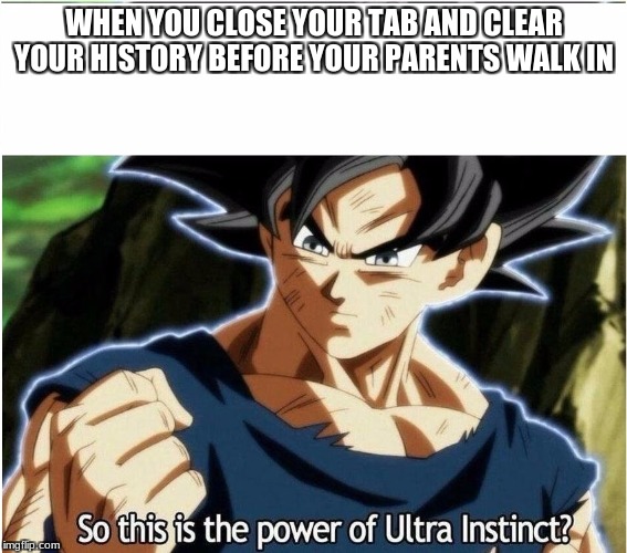 Ultra Instinct | WHEN YOU CLOSE YOUR TAB AND CLEAR YOUR HISTORY BEFORE YOUR PARENTS WALK IN | image tagged in ultra instinct | made w/ Imgflip meme maker