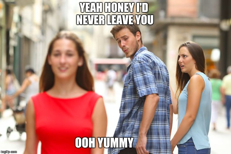 Distracted Boyfriend | YEAH HONEY I'D NEVER LEAVE YOU; OOH YUMMY | image tagged in memes,distracted boyfriend | made w/ Imgflip meme maker
