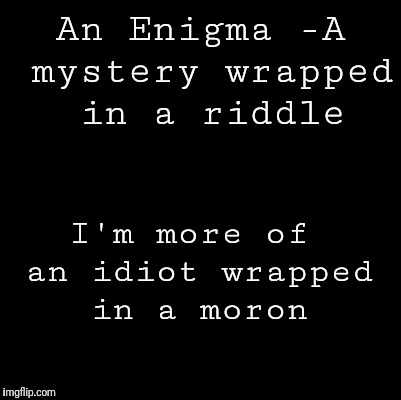 Blank | An Enigma -A mystery wrapped in a riddle; I'm more of an idiot wrapped in a moron | image tagged in blank | made w/ Imgflip meme maker