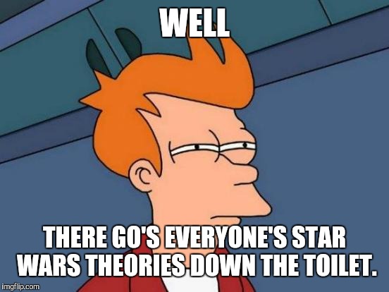 Futurama Fry Meme | WELL; THERE GO'S EVERYONE'S STAR WARS THEORIES DOWN THE TOILET. | image tagged in memes,futurama fry | made w/ Imgflip meme maker