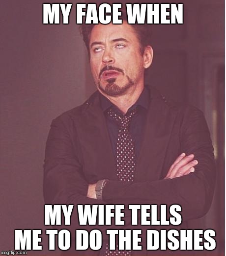 Face You Make Robert Downey Jr Meme | MY FACE WHEN; MY WIFE TELLS ME TO DO THE DISHES | image tagged in memes,face you make robert downey jr | made w/ Imgflip meme maker