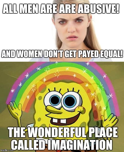 IMAGINATION | ALL MEN ARE ARE ABUSIVE! AND WOMEN DON'T GET PAYED EQUAL! THE WONDERFUL PLACE CALLED IMAGINATION | image tagged in feminazi | made w/ Imgflip meme maker