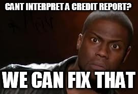 Kevin Hart Meme | CANT INTERPRET A CREDIT REPORT? WE CAN FIX THAT | image tagged in memes,kevin hart the hell | made w/ Imgflip meme maker