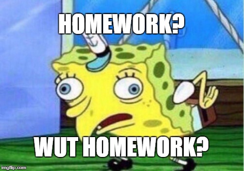 Mocking Spongebob Meme | HOMEWORK? WUT HOMEWORK? | image tagged in memes,mocking spongebob | made w/ Imgflip meme maker