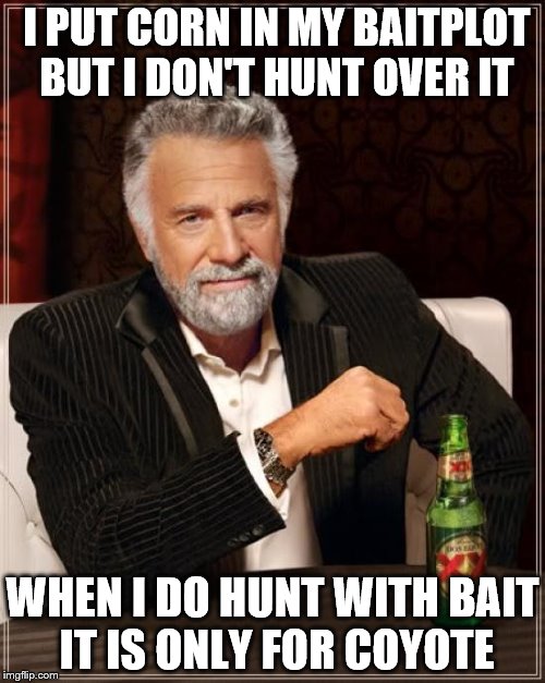 The Most Interesting Man In The World Meme | I PUT CORN IN MY BAITPLOT BUT I DON'T HUNT OVER IT; WHEN I DO HUNT WITH BAIT IT IS ONLY FOR COYOTE | image tagged in memes,the most interesting man in the world | made w/ Imgflip meme maker