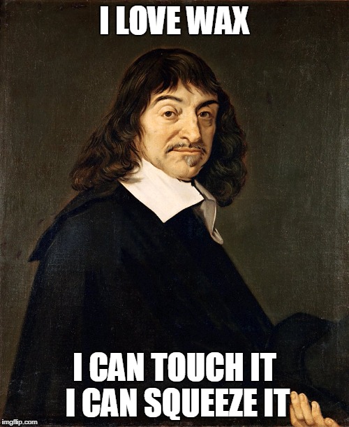 Rene Descartes Wax | I LOVE WAX; I CAN TOUCH IT I CAN SQUEEZE IT | image tagged in philosophy | made w/ Imgflip meme maker