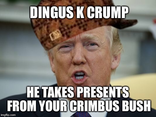 Dingus K Krump | DINGUS K CRUMP; HE TAKES PRESENTS FROM YOUR CRIMBUS BUSH | image tagged in donald trump | made w/ Imgflip meme maker