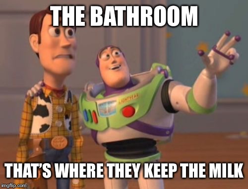 X, X Everywhere Meme | THE BATHROOM THAT’S WHERE THEY KEEP THE MILK | image tagged in memes,x x everywhere | made w/ Imgflip meme maker