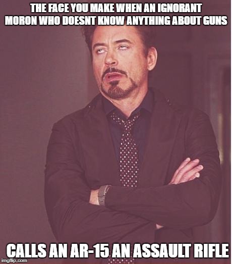 Face You Make Robert Downey Jr | THE FACE YOU MAKE WHEN AN IGNORANT MORON WHO DOESNT KNOW ANYTHING ABOUT GUNS; CALLS AN AR-15 AN ASSAULT RIFLE | image tagged in memes,face you make robert downey jr | made w/ Imgflip meme maker