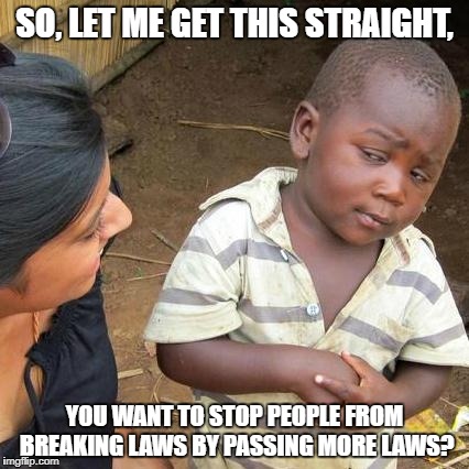 Third World Skeptical Kid | SO, LET ME GET THIS STRAIGHT, YOU WANT TO STOP PEOPLE FROM BREAKING LAWS BY PASSING MORE LAWS? | image tagged in memes,third world skeptical kid | made w/ Imgflip meme maker