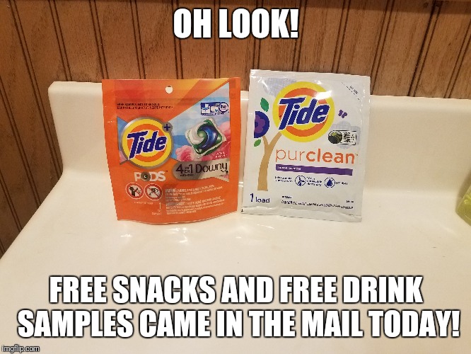 OH LOOK! FREE SNACKS AND FREE DRINK SAMPLES CAME IN THE MAIL TODAY! | image tagged in millennial,funny because it's true | made w/ Imgflip meme maker