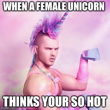 Unicorn MAN | WHEN A FEMALE UNICORN; THINKS YOUR SO HOT | image tagged in memes,unicorn man | made w/ Imgflip meme maker