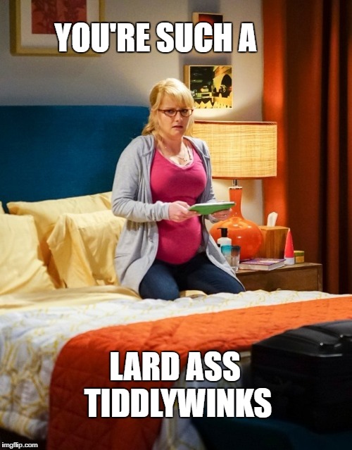 Melissa Rauch The Big Bang Theory | YOU'RE SUCH A; LARD ASS TIDDLYWINKS | image tagged in melissa rauch the big bang theory | made w/ Imgflip meme maker