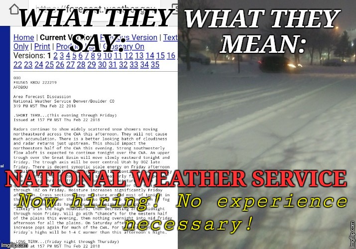Didn't nail it | WHAT THEY MEAN:; WHAT THEY SAY:; NATIONAL WEATHER SERVICE; Now hiring! No experience necessary! | image tagged in snow,national weather service,justjeff,forecast,idiots | made w/ Imgflip meme maker
