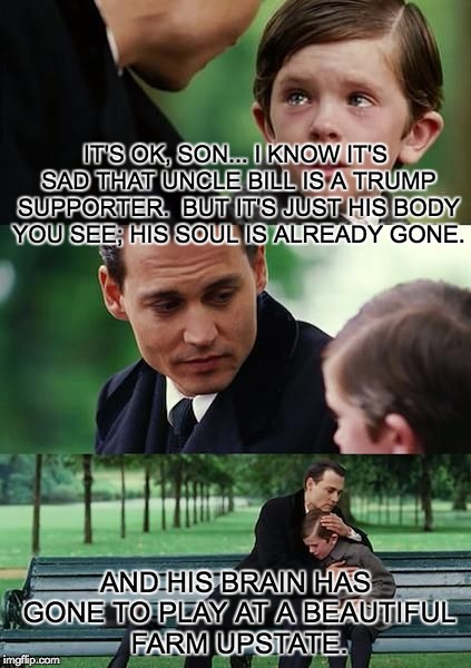 Dad and son cry | IT'S OK, SON... I KNOW IT'S SAD THAT UNCLE BILL IS A TRUMP SUPPORTER.  BUT IT'S JUST HIS BODY YOU SEE; HIS SOUL IS ALREADY GONE. AND HIS BRAIN HAS GONE TO PLAY AT A BEAUTIFUL FARM UPSTATE. | image tagged in trump supporters | made w/ Imgflip meme maker