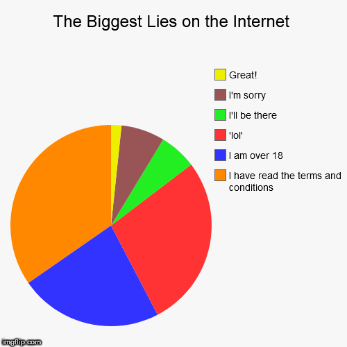 The Biggest Lies on the Internet | I have read the terms and conditions, I am over 18, 'lol', I'll be there, I'm sorry, Great! | image tagged in funny,pie charts | made w/ Imgflip chart maker