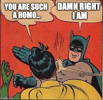 Batman Slapping Robin Meme | YOU ARE SUCH A HOMO... DAMN RIGHT I AM | image tagged in memes,batman slapping robin | made w/ Imgflip meme maker