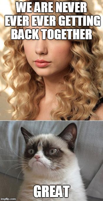 Grumpy Cat says "no" to Taylor Swift as NYC Global Welcome Ambas | WE ARE NEVER EVER EVER GETTING BACK TOGETHER; GREAT | image tagged in grumpy cat says no to taylor swift as nyc global welcome ambas | made w/ Imgflip meme maker