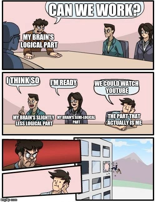 Boardroom Meeting Suggestion Meme | CAN WE WORK? MY BRAIN'S LOGICAL PART; I THINK SO; I'M READY; WE COULD WATCH YOUTUBE; MY BRAIN'S SLIGHTLY LESS LOGICAL PART; MY BRAIN'S SEMI-LOGICAL PART; THE PART THAT ACTUALLY IS ME | image tagged in memes,boardroom meeting suggestion | made w/ Imgflip meme maker