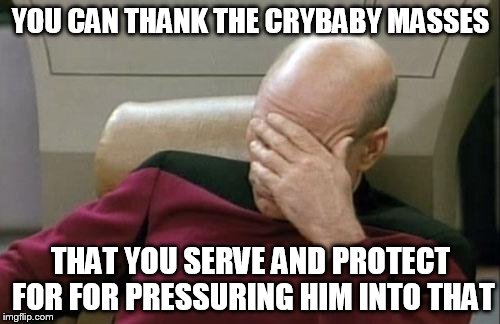 Captain Picard Facepalm Meme | YOU CAN THANK THE CRYBABY MASSES THAT YOU SERVE AND PROTECT FOR FOR PRESSURING HIM INTO THAT | image tagged in memes,captain picard facepalm | made w/ Imgflip meme maker