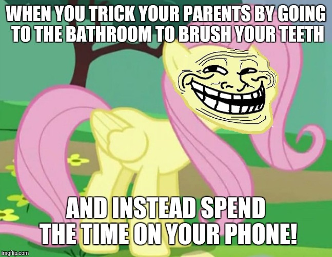 I do this, sometimes! | WHEN YOU TRICK YOUR PARENTS BY GOING TO THE BATHROOM TO BRUSH YOUR TEETH; AND INSTEAD SPEND THE TIME ON YOUR PHONE! | image tagged in fluttertroll,memes,bathroom,brushing teeth,phone | made w/ Imgflip meme maker
