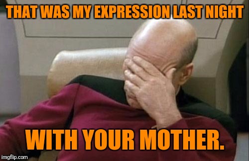 Captain Picard Facepalm Meme | THAT WAS MY EXPRESSION LAST NIGHT WITH YOUR MOTHER. | image tagged in memes,captain picard facepalm | made w/ Imgflip meme maker