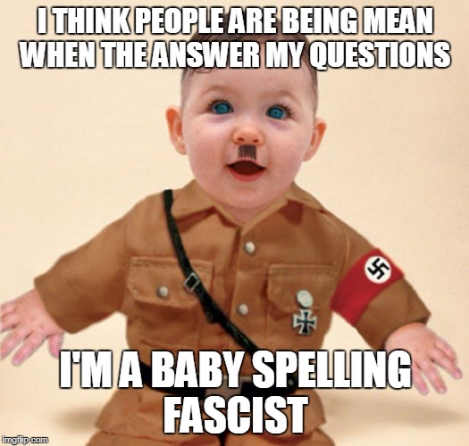 baby grammar Nazi  | I THINK PEOPLE ARE BEING MEAN WHEN THE ANSWER MY QUESTIONS I'M A BABY SPELLING FASCIST | image tagged in baby grammar nazi | made w/ Imgflip meme maker