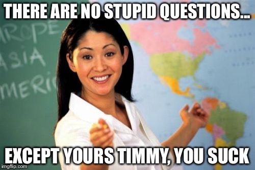 Unhelpful High School Teacher Meme | THERE ARE NO STUPID QUESTIONS... EXCEPT YOURS TIMMY, YOU SUCK | image tagged in memes,unhelpful high school teacher | made w/ Imgflip meme maker