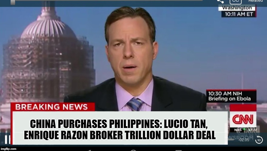 cnn breaking news template | CHINA PURCHASES PHILIPPINES:
LUCIO TAN, ENRIQUE RAZON BROKER TRILLION DOLLAR DEAL | image tagged in cnn breaking news template | made w/ Imgflip meme maker