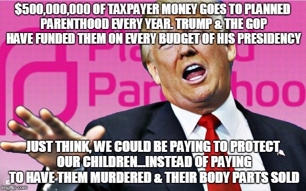 Trump vs Planned Parenthood | $500,000,000 OF TAXPAYER MONEY GOES TO PLANNED PARENTHOOD EVERY YEAR. TRUMP & THE GOP HAVE FUNDED THEM ON EVERY BUDGET OF HIS PRESIDENCY; JUST THINK, WE COULD BE PAYING TO PROTECT OUR CHILDREN...INSTEAD OF PAYING TO HAVE THEM MURDERED & THEIR BODY PARTS SOLD | image tagged in trump vs planned parenthood | made w/ Imgflip meme maker