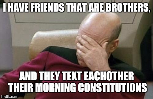 Captain Picard Facepalm Meme | I HAVE FRIENDS THAT ARE BROTHERS, AND THEY TEXT EACHOTHER THEIR MORNING CONSTITUTIONS | image tagged in memes,captain picard facepalm | made w/ Imgflip meme maker