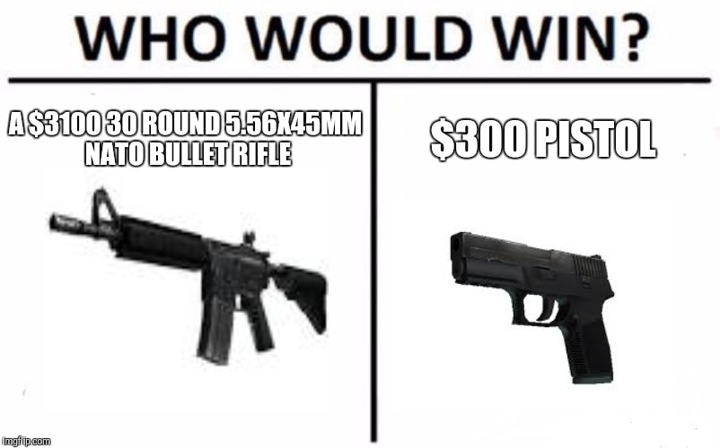 Thank god Valve nerfed the P250 | A $3100 30 ROUND 5.56X45MM NATO BULLET RIFLE; $300 PISTOL | image tagged in memes,who would win | made w/ Imgflip meme maker