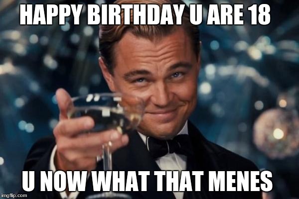 Leonardo Dicaprio Cheers Meme | HAPPY BIRTHDAY U ARE 18; U NOW WHAT THAT MENES | image tagged in memes,leonardo dicaprio cheers | made w/ Imgflip meme maker