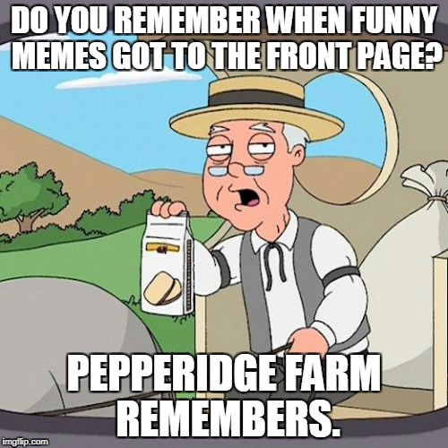 I don't remember, but he does! | DO YOU REMEMBER WHEN FUNNY MEMES GOT TO THE FRONT PAGE? PEPPERIDGE FARM REMEMBERS. | image tagged in memes,pepperidge farm remembers,funny,imgflip,front page | made w/ Imgflip meme maker