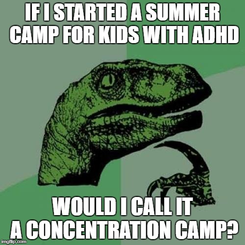 Philosoraptor | IF I STARTED A SUMMER CAMP FOR KIDS WITH ADHD; WOULD I CALL IT A CONCENTRATION CAMP? | image tagged in memes,philosoraptor | made w/ Imgflip meme maker