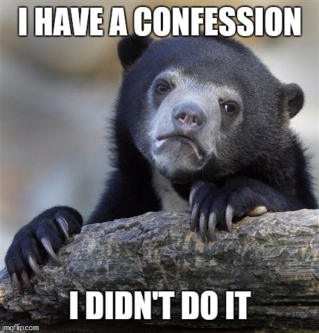 Confession Bear |  I HAVE A CONFESSION; I DIDN'T DO IT | image tagged in memes,confession bear | made w/ Imgflip meme maker